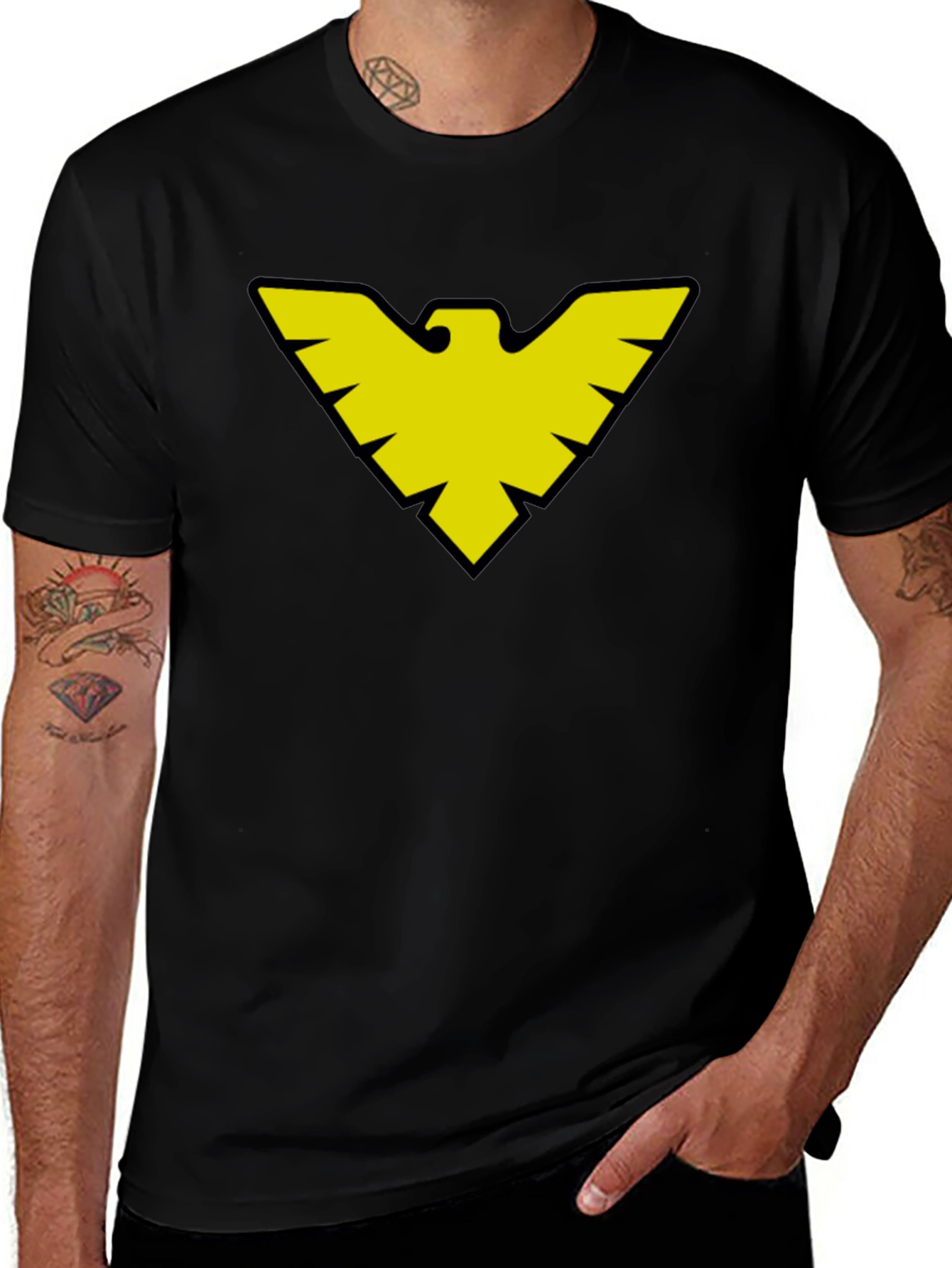 Black T-Shirt with Yellow Bird Symbol