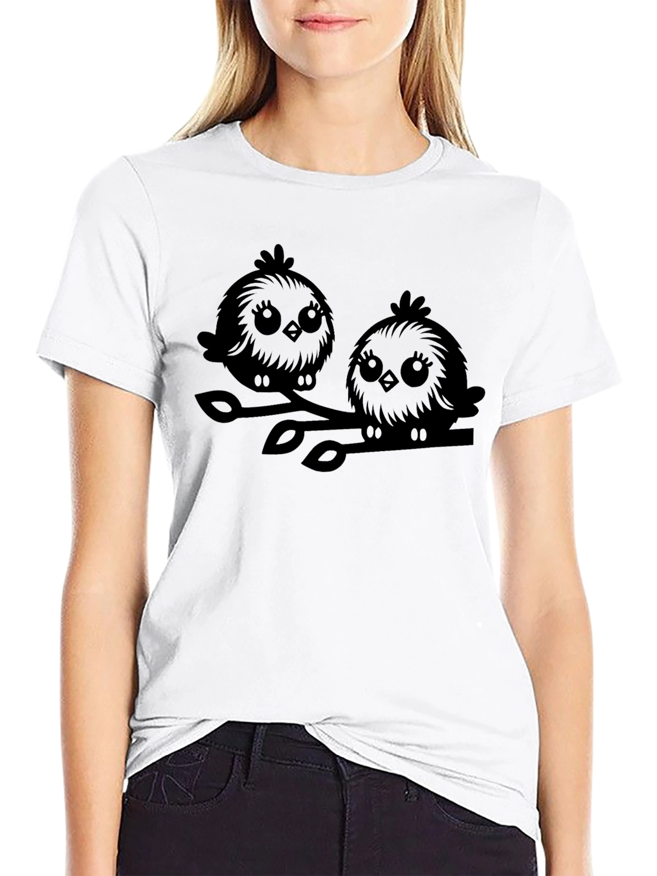 Cute Birds Graphic Tee - Black Cotton T-Shirt