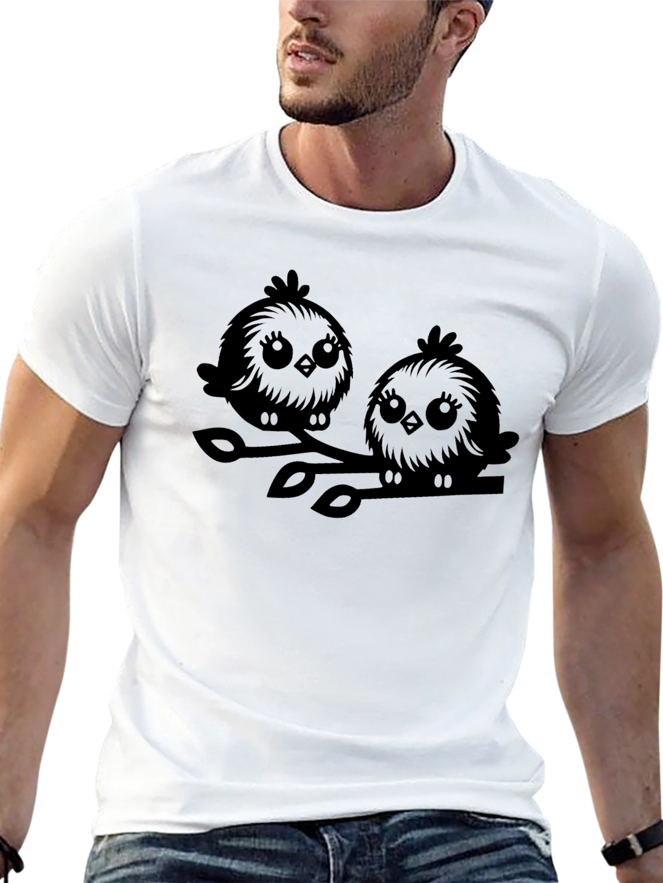 Cute Birds Graphic Tee - Black Cotton T-Shirt