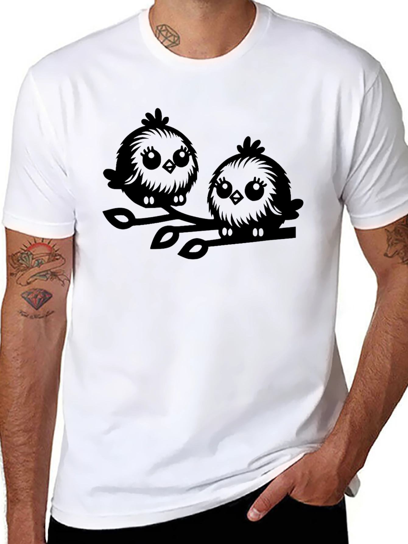 Cute Birds Graphic Tee - Black Cotton T-Shirt
