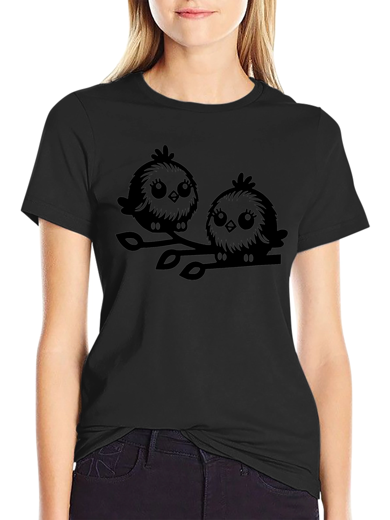 Cute Birds Graphic Tee - Black Cotton T-Shirt
