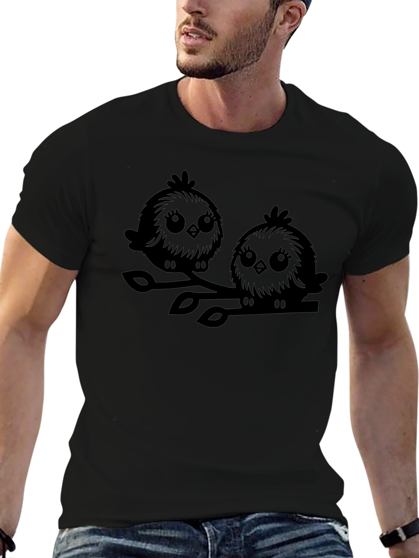Cute Birds Graphic Tee - Black Cotton T-Shirt