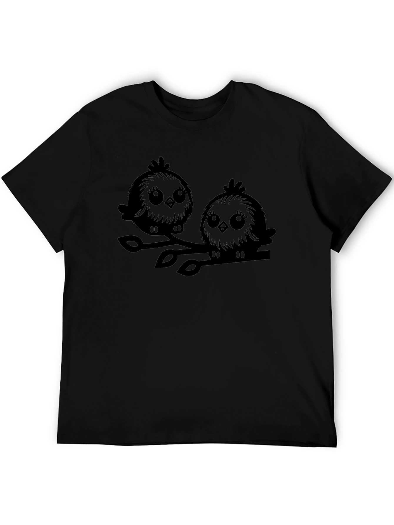 Cute Birds Graphic Tee - Black Cotton T-Shirt