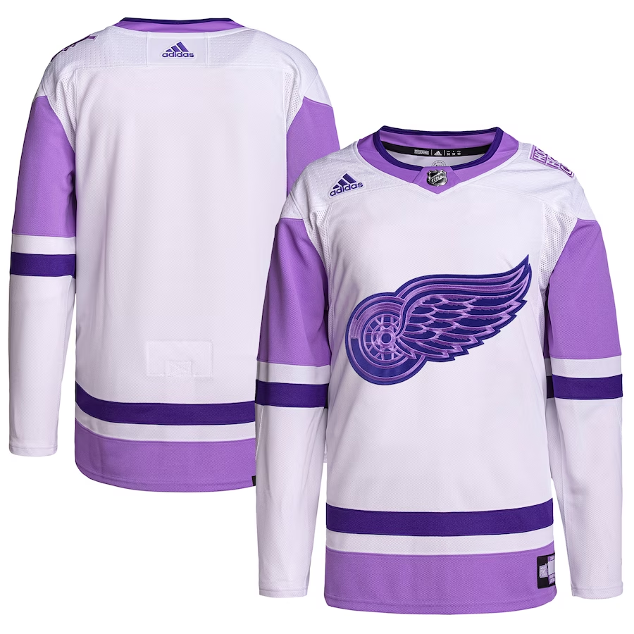 Men's Detroit Red Wings White/Purple Hockey Fights Cancer Primegreen Authentic Blank Practice Jerseys
