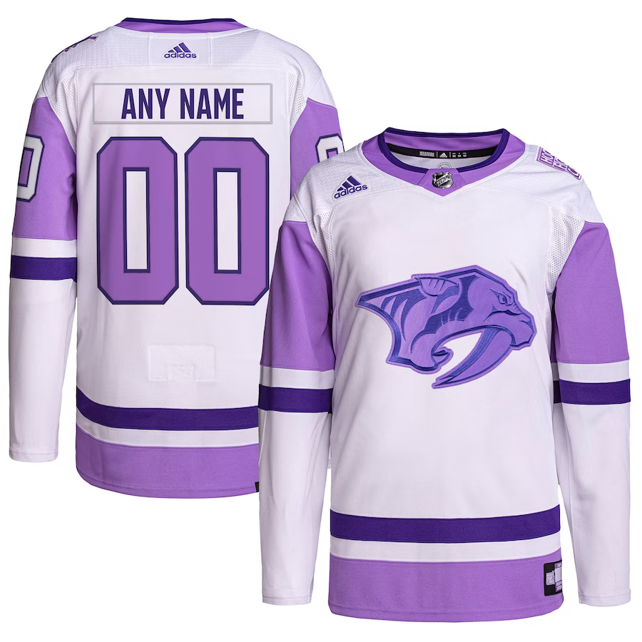 Men's Nashville Predators White/Purple Hockey Fights Cancer Primegreen Authentic Custom Jerseys