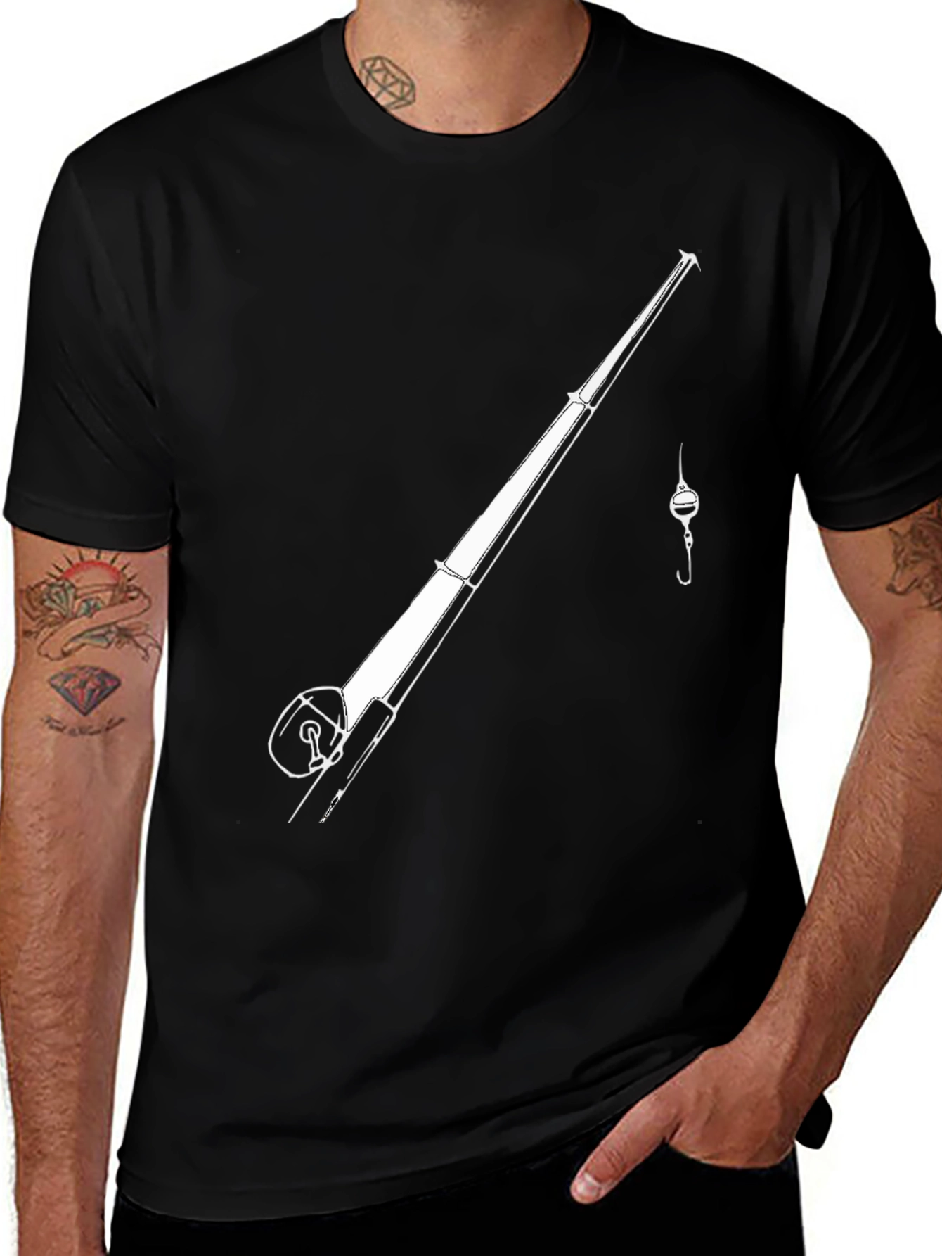 Fishing Rod Graphic Tee - Black Casual T-Shirt