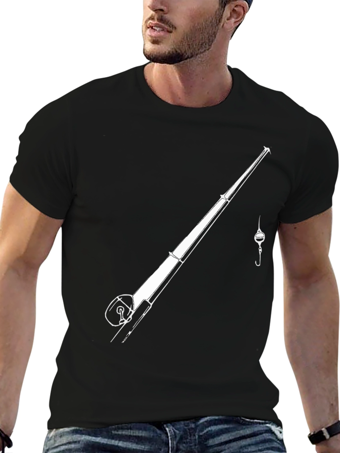 Fishing Rod Graphic Tee - Black Casual T-Shirt