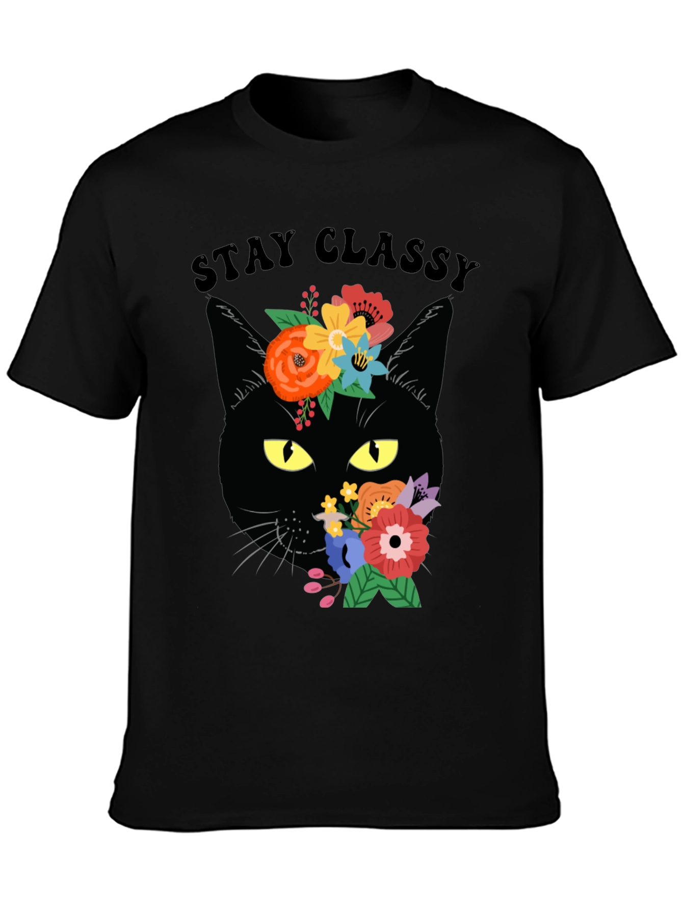 Stay Classy Black Cat Floral T-Shirt