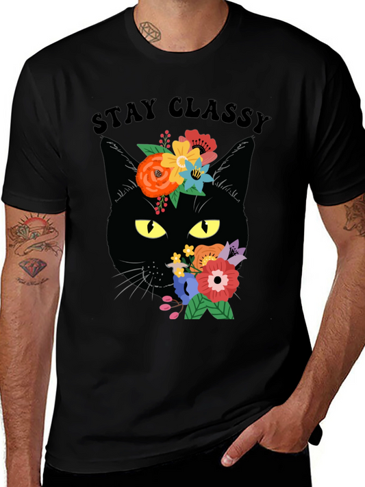 Stay Classy Black Cat Floral T-Shirt