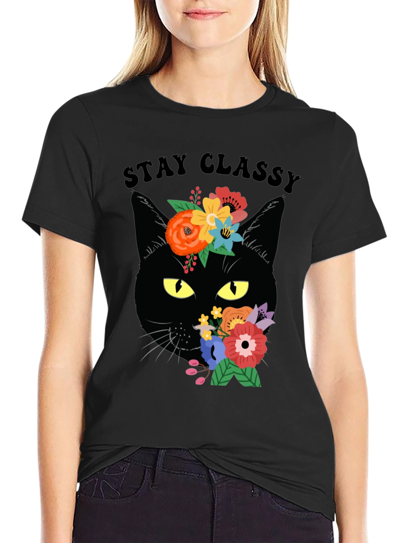 Stay Classy Black Cat Floral T-Shirt
