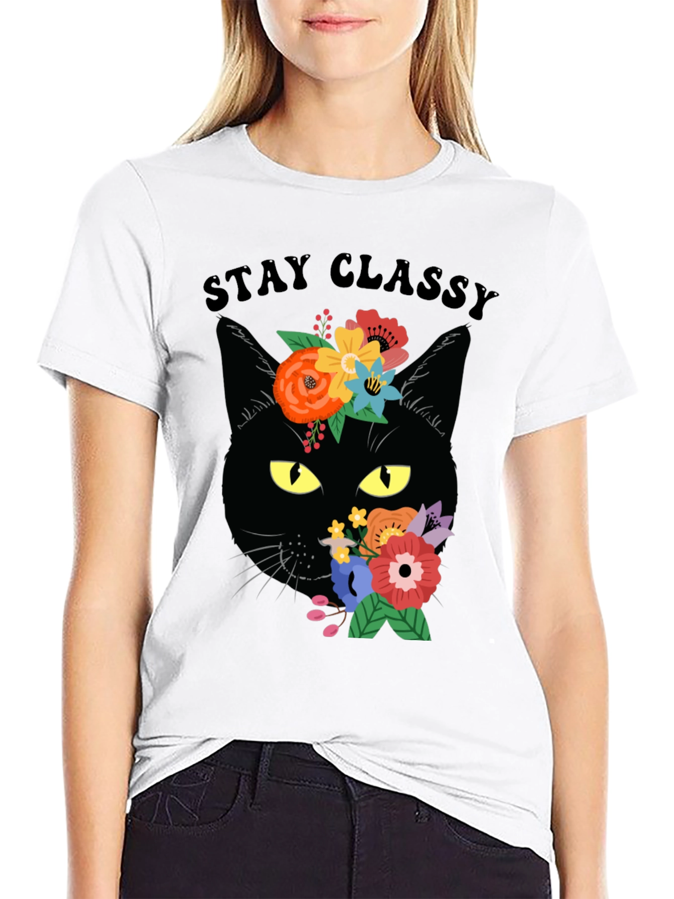 Stay Classy Black Cat Floral T-Shirt