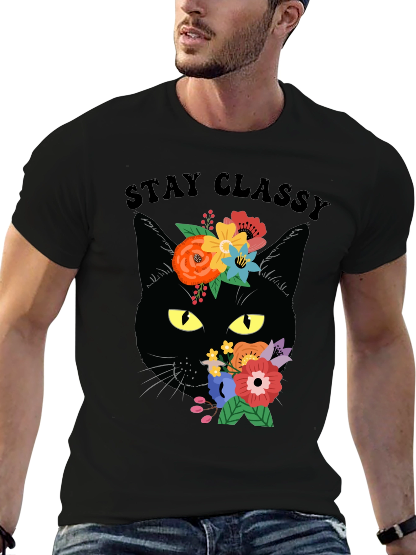 Stay Classy Black Cat Floral T-Shirt