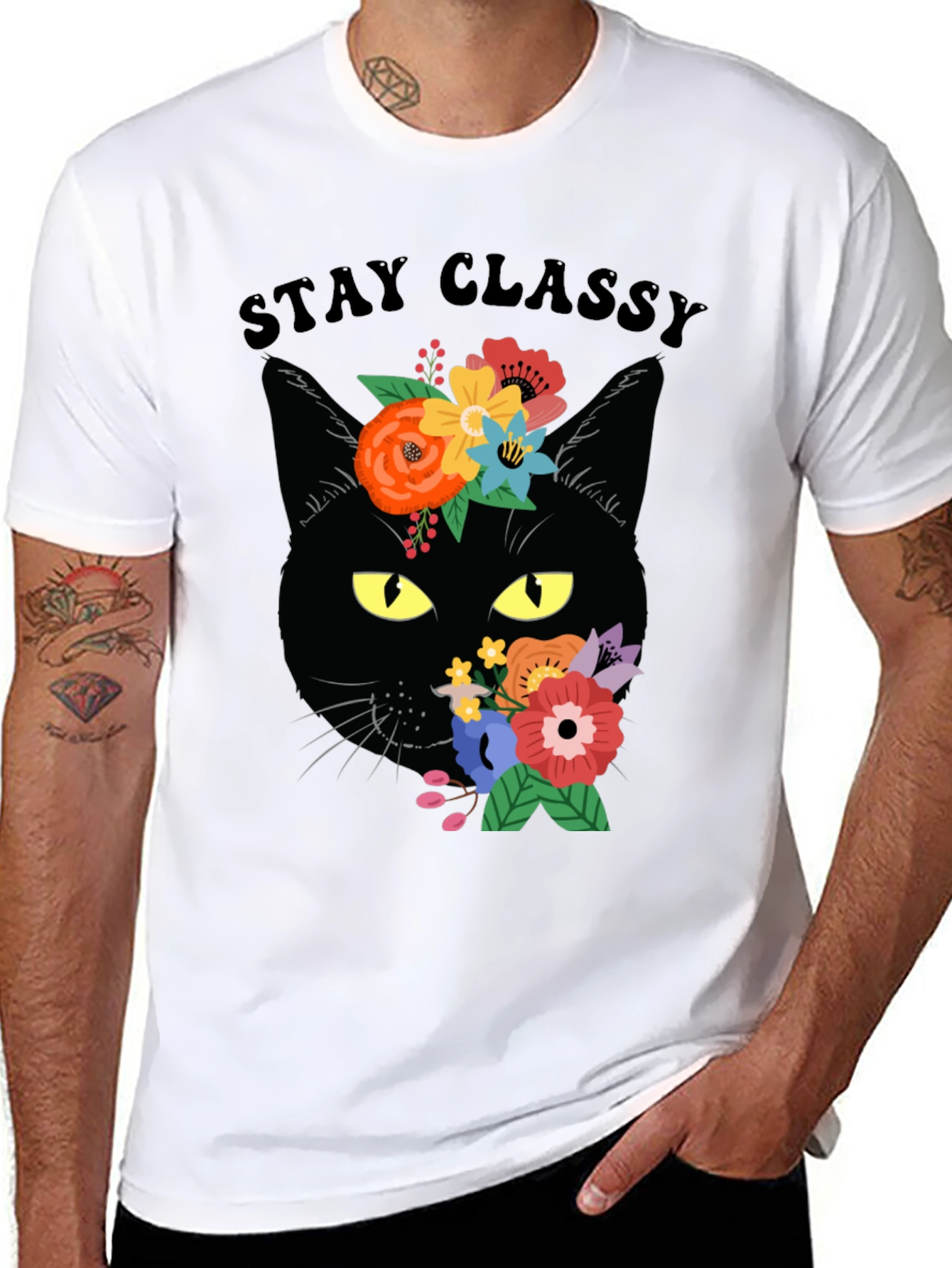 Stay Classy Black Cat Floral T-Shirt