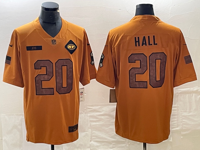 Men's New York Jets Breece Hall #20 Brown 2023 Salute To Service Limited Jerseys