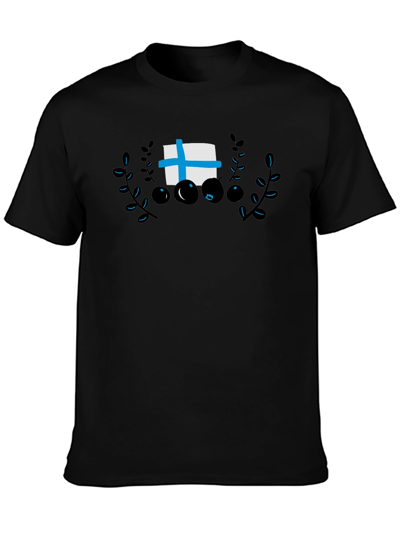Finland Flag & Berry Design Black T-Shirt