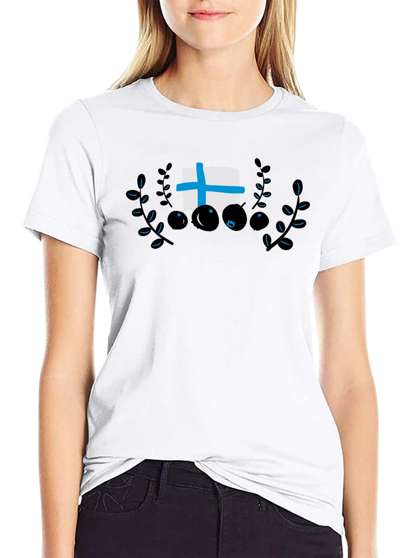 Finland Flag & Berry Design Black T-Shirt