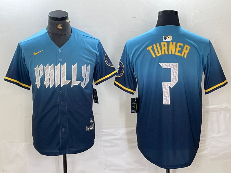 Men's Philadelphia Phillies Trea Turner #7 Blue 2024 City Connect Limited Player Jerseys