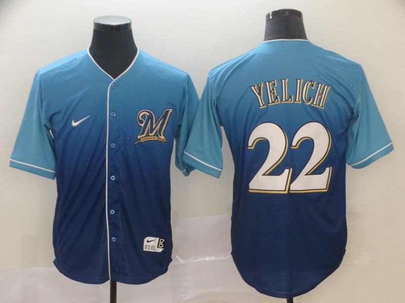Men's Milwaukee Brewers Christian Yelich #22 MLB Blue Gradient Jerseys