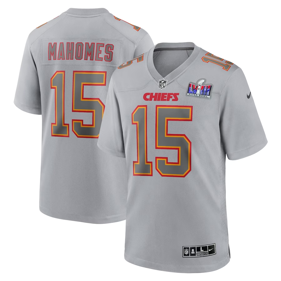 Men's Kansas City Chiefs Patrick Mahomes #15 Gray Super Bowl LVIII Atmosphere Fashion Game Jerseys