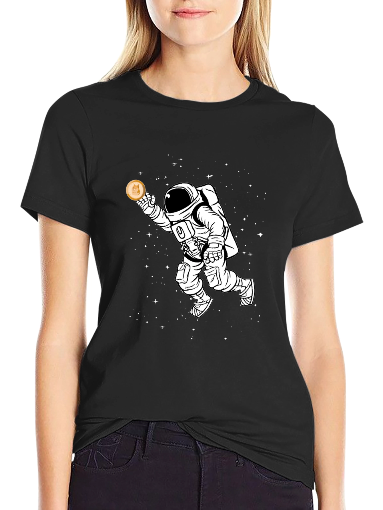 Astronaut Holding Crypto Coin Black T-Shirt