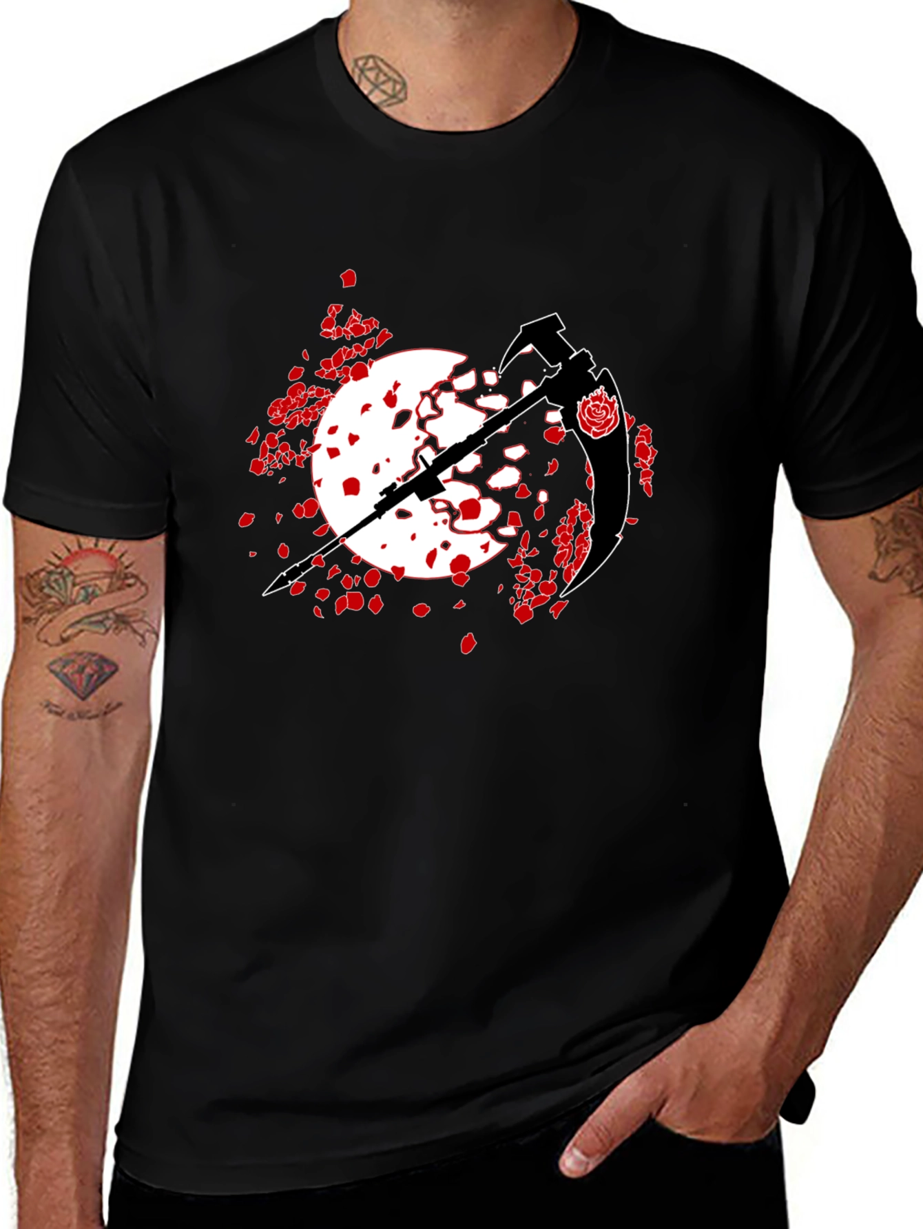Black T-Shirt with Scythe and Rose Design