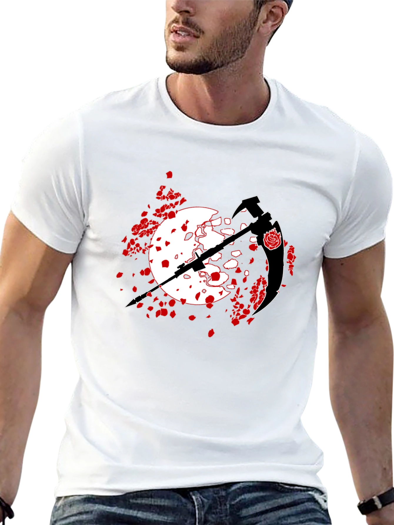 Black T-Shirt with Scythe and Rose Design