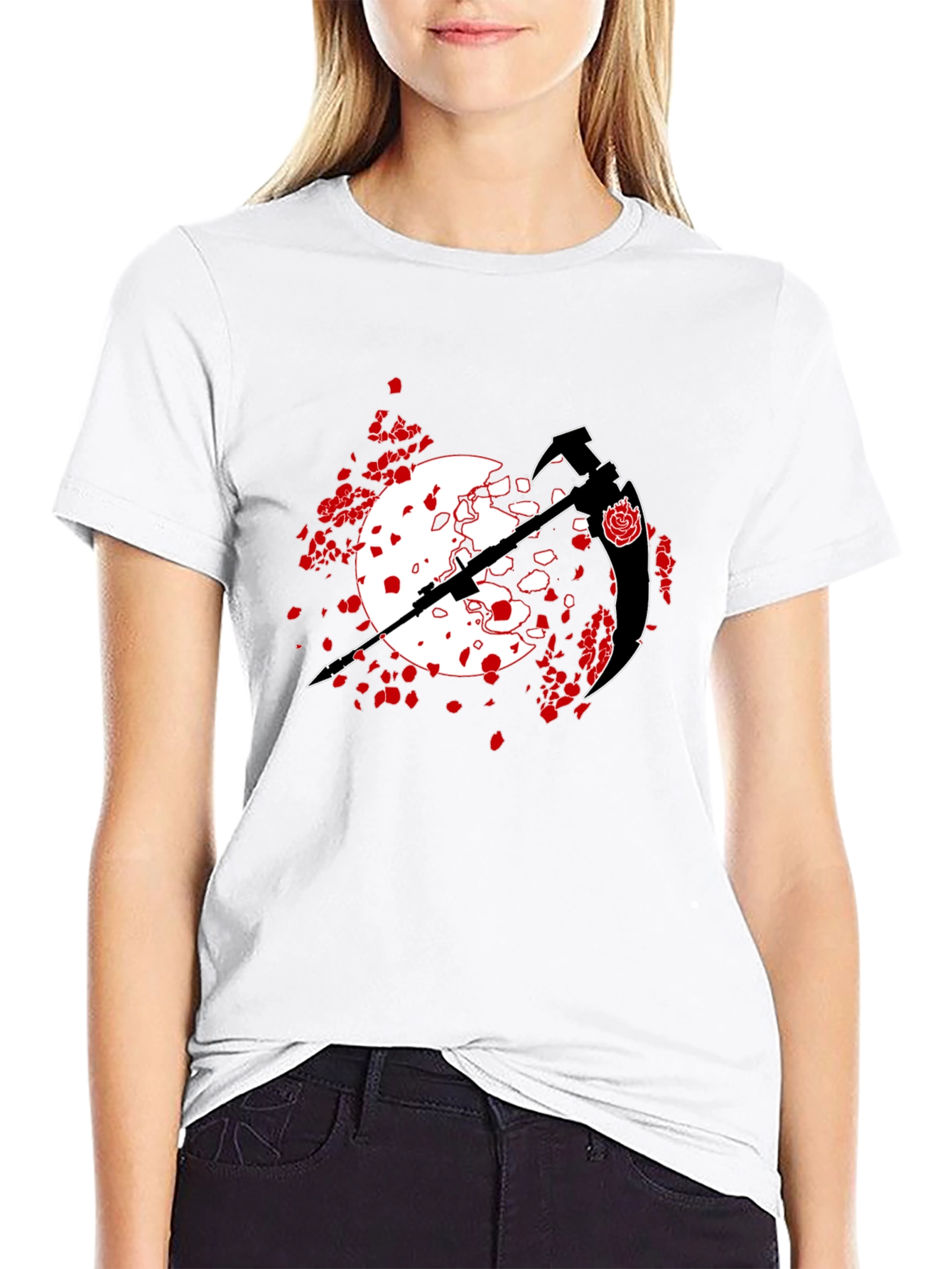 Black T-Shirt with Scythe and Rose Design
