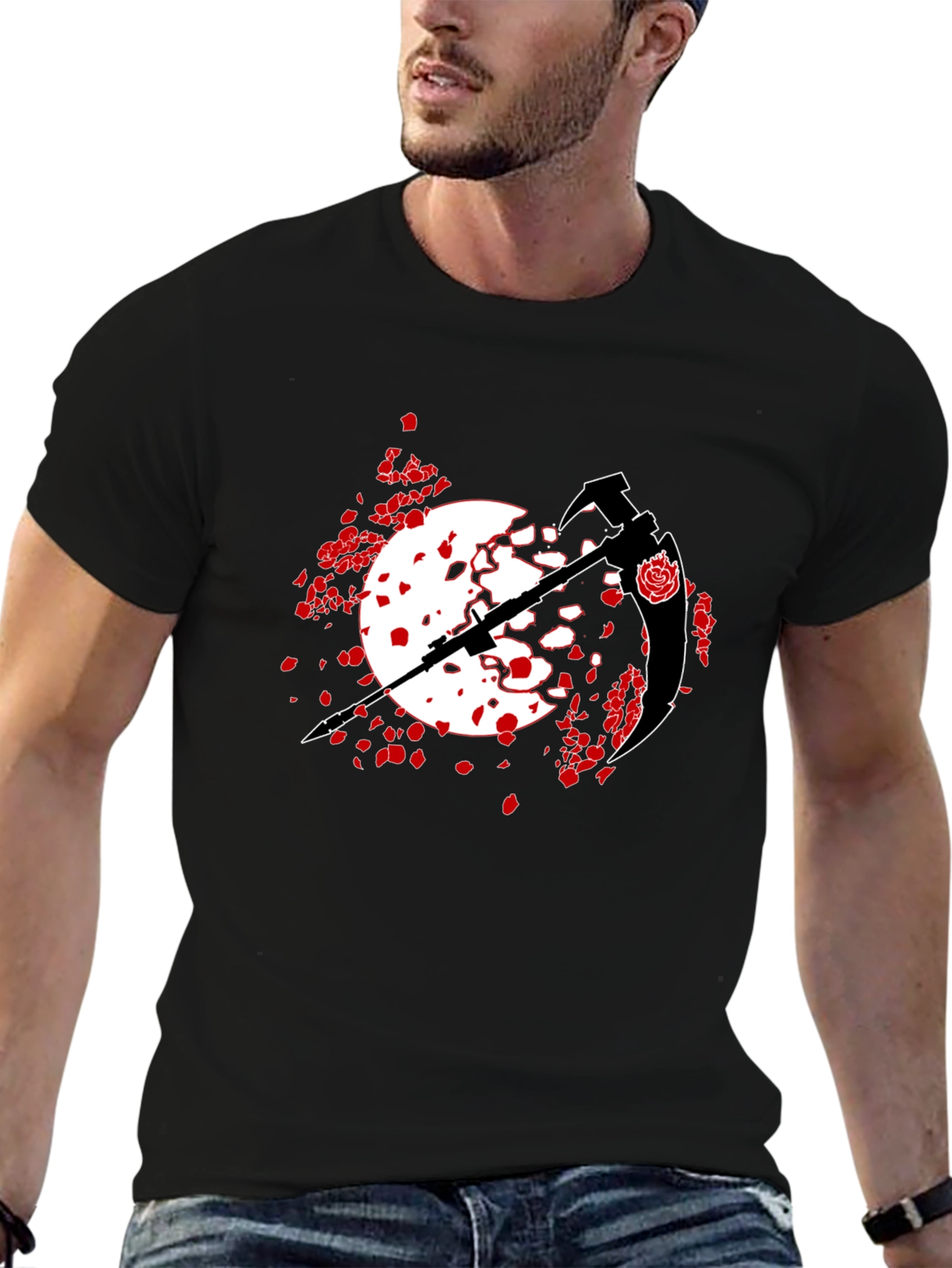 Black T-Shirt with Scythe and Rose Design