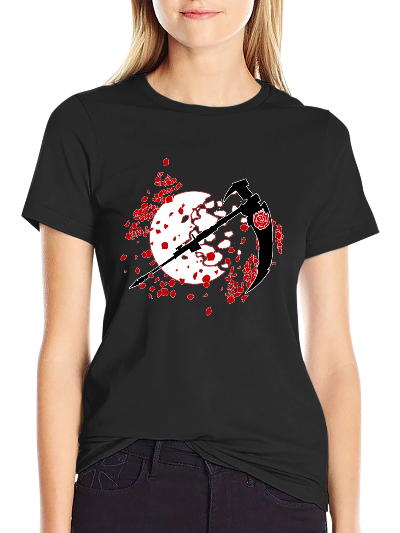 Black T-Shirt with Scythe and Rose Design