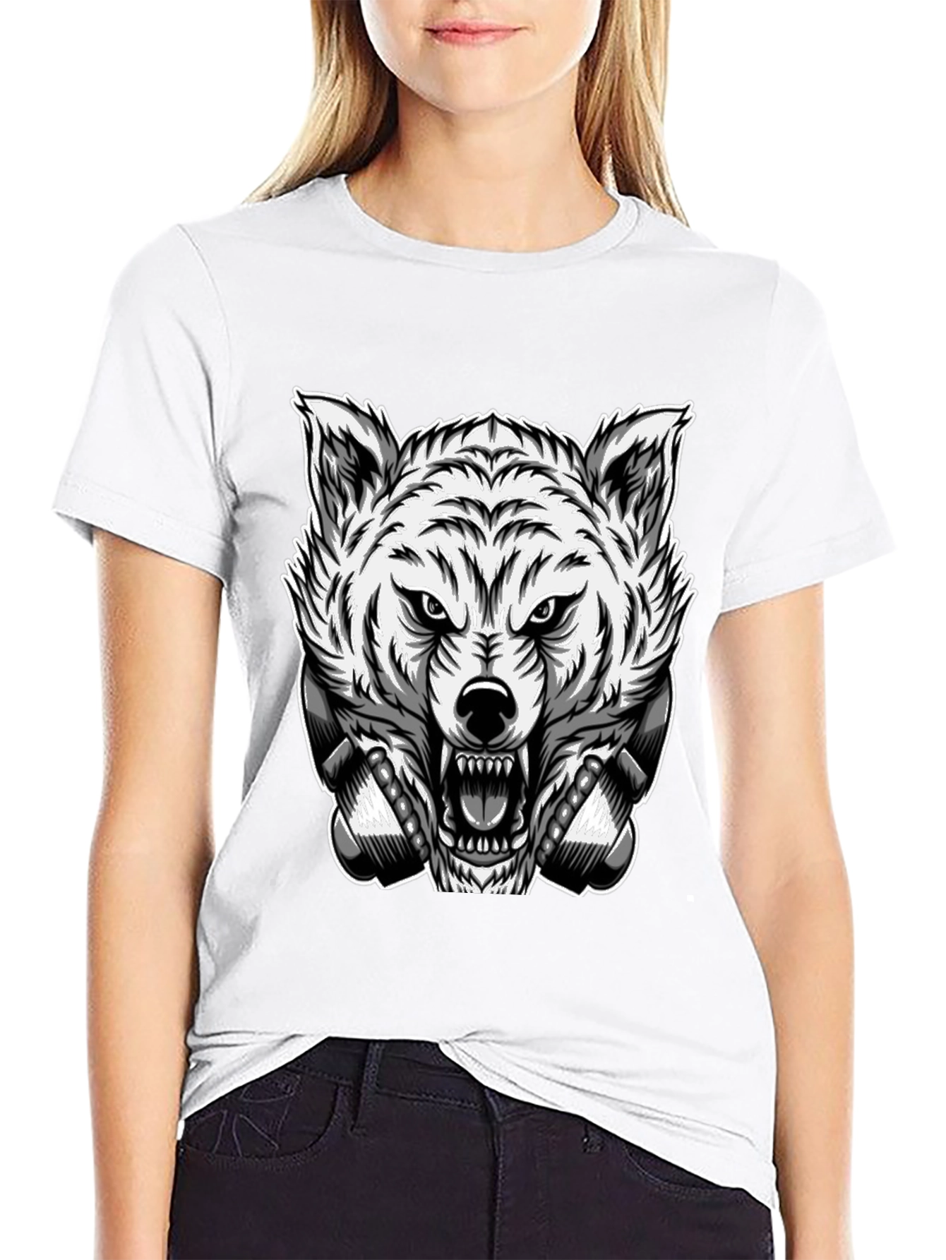Mens Black T-Shirt with Wolf Graphic