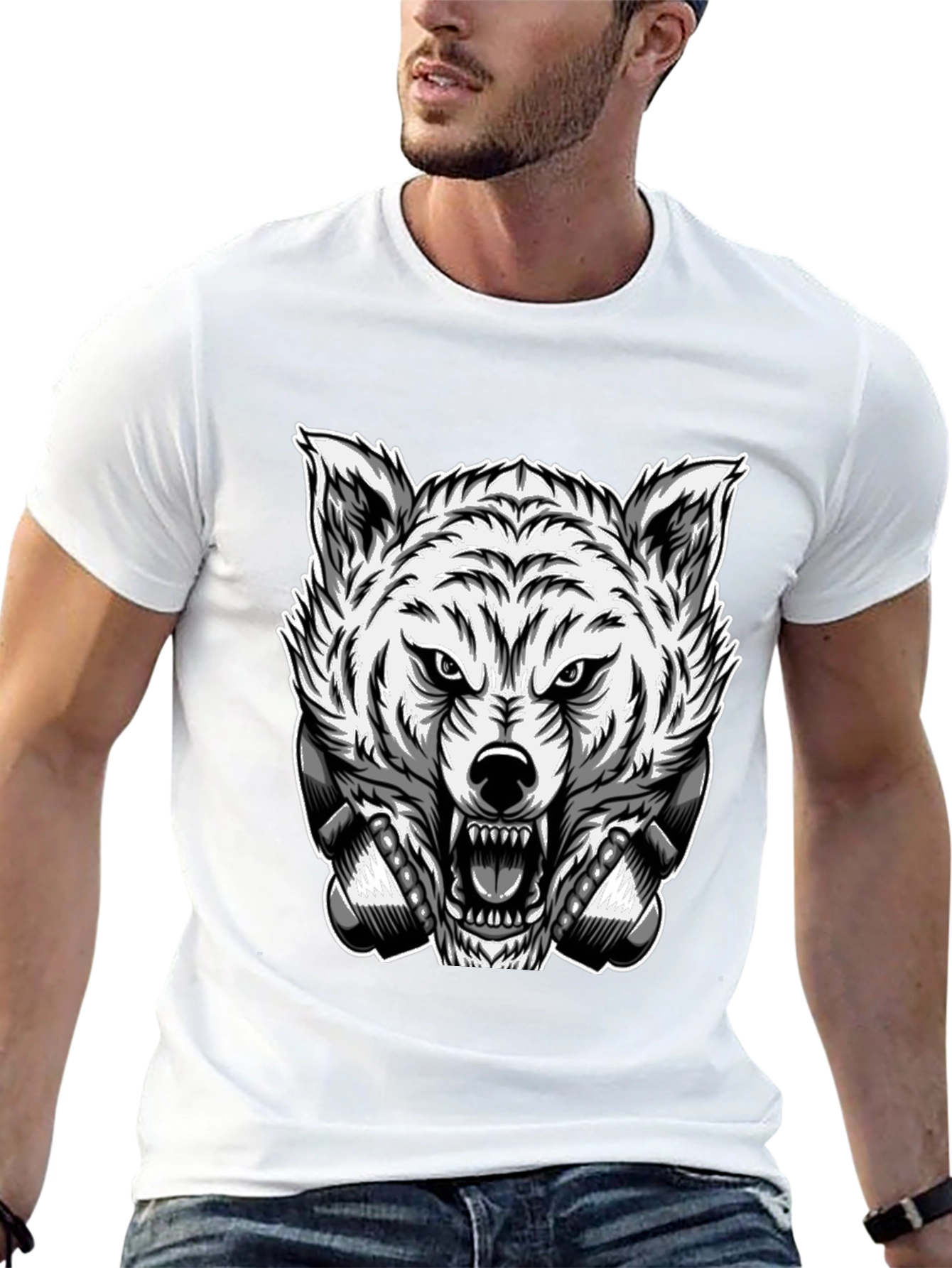 Mens Black T-Shirt with Wolf Graphic