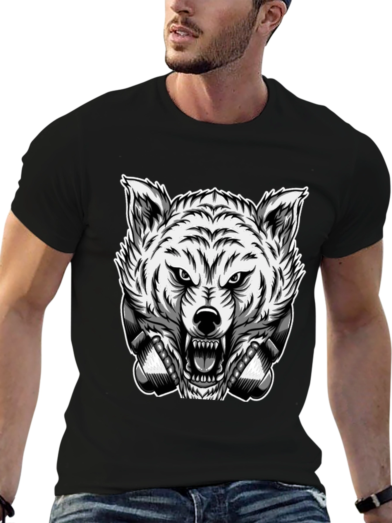 Mens Black T-Shirt with Wolf Graphic
