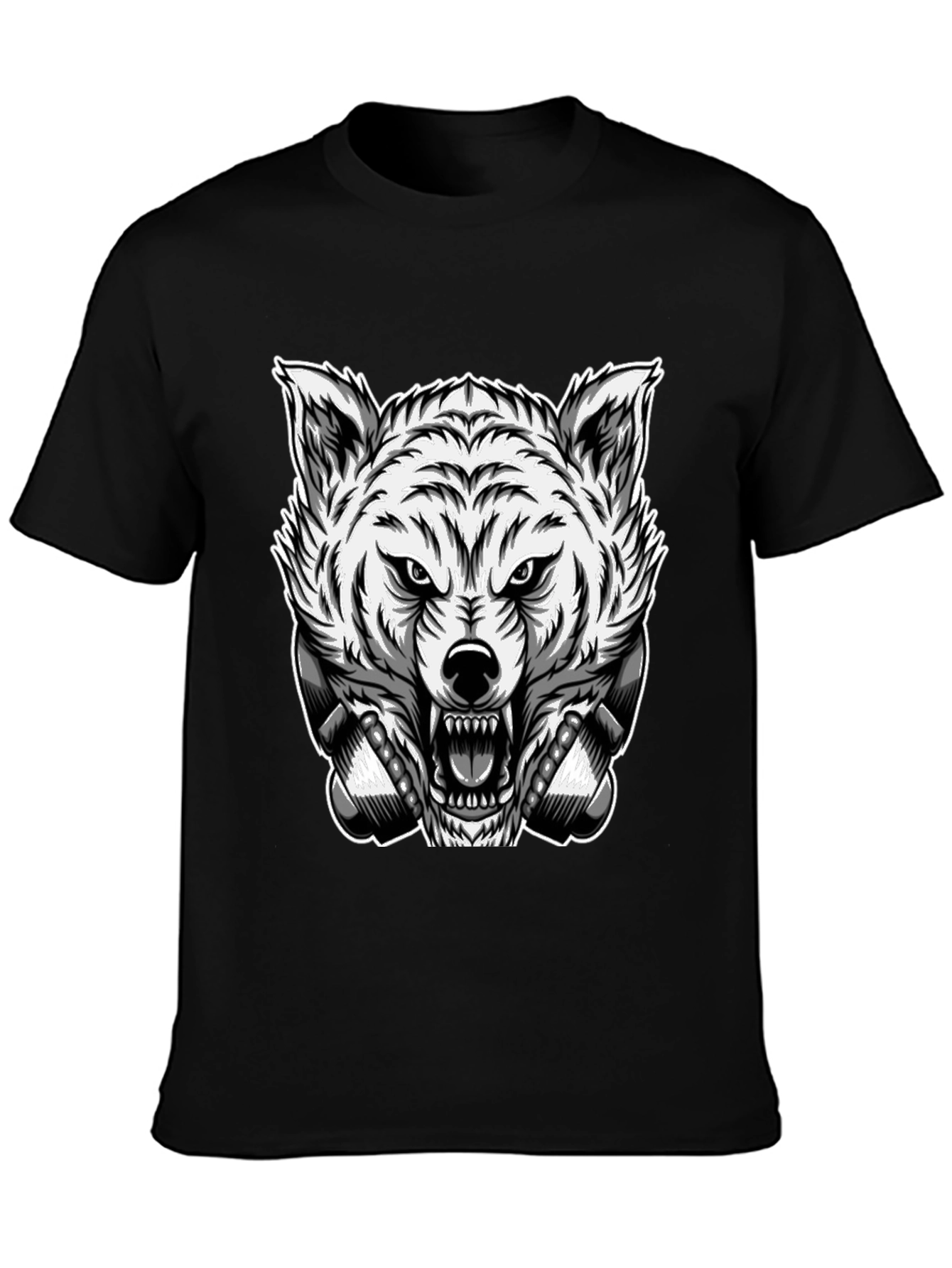Mens Black T-Shirt with Wolf Graphic
