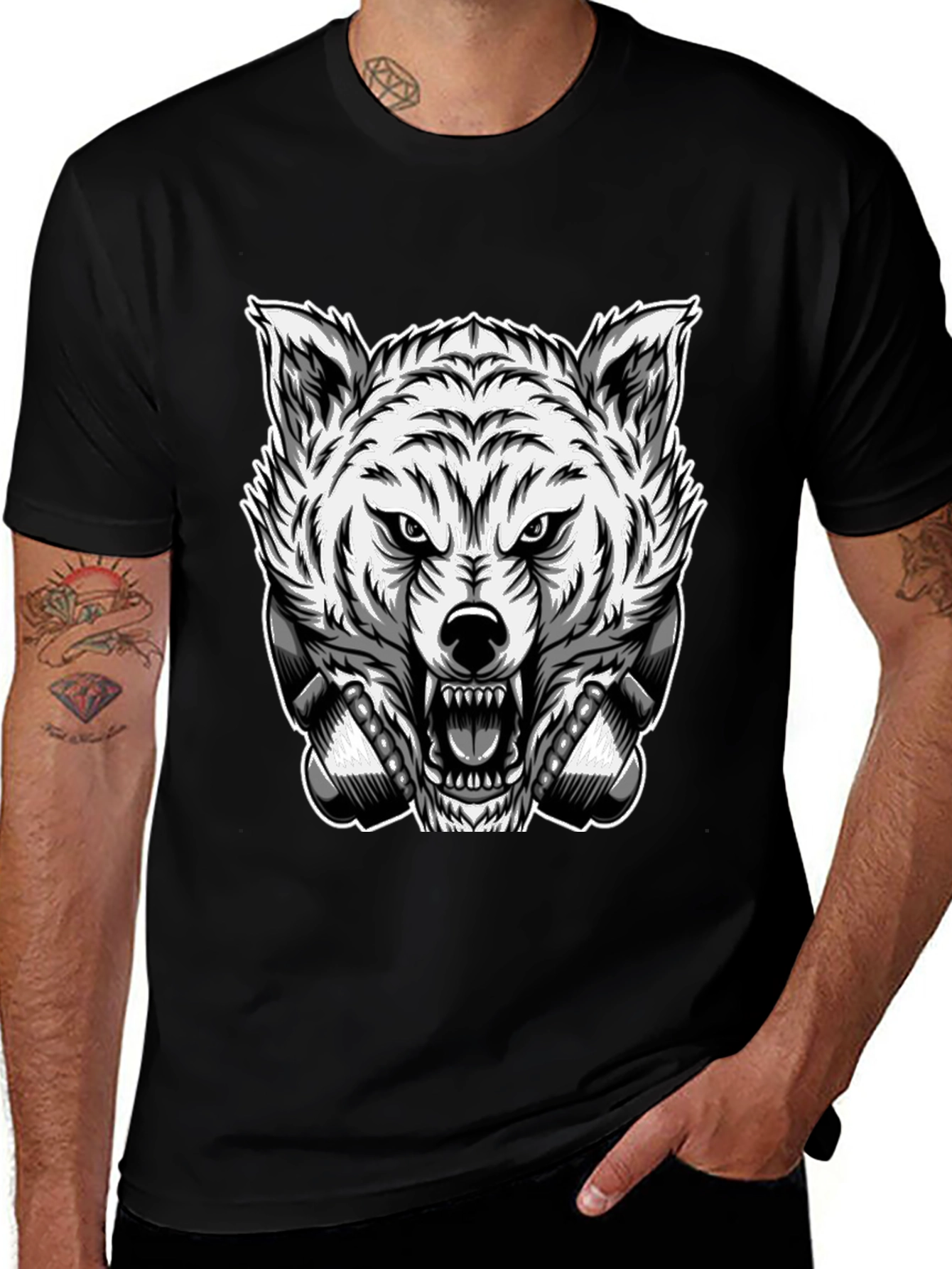 Mens Black T-Shirt with Wolf Graphic