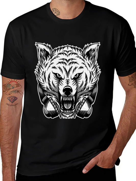 Mens Black T-Shirt with Wolf Graphic