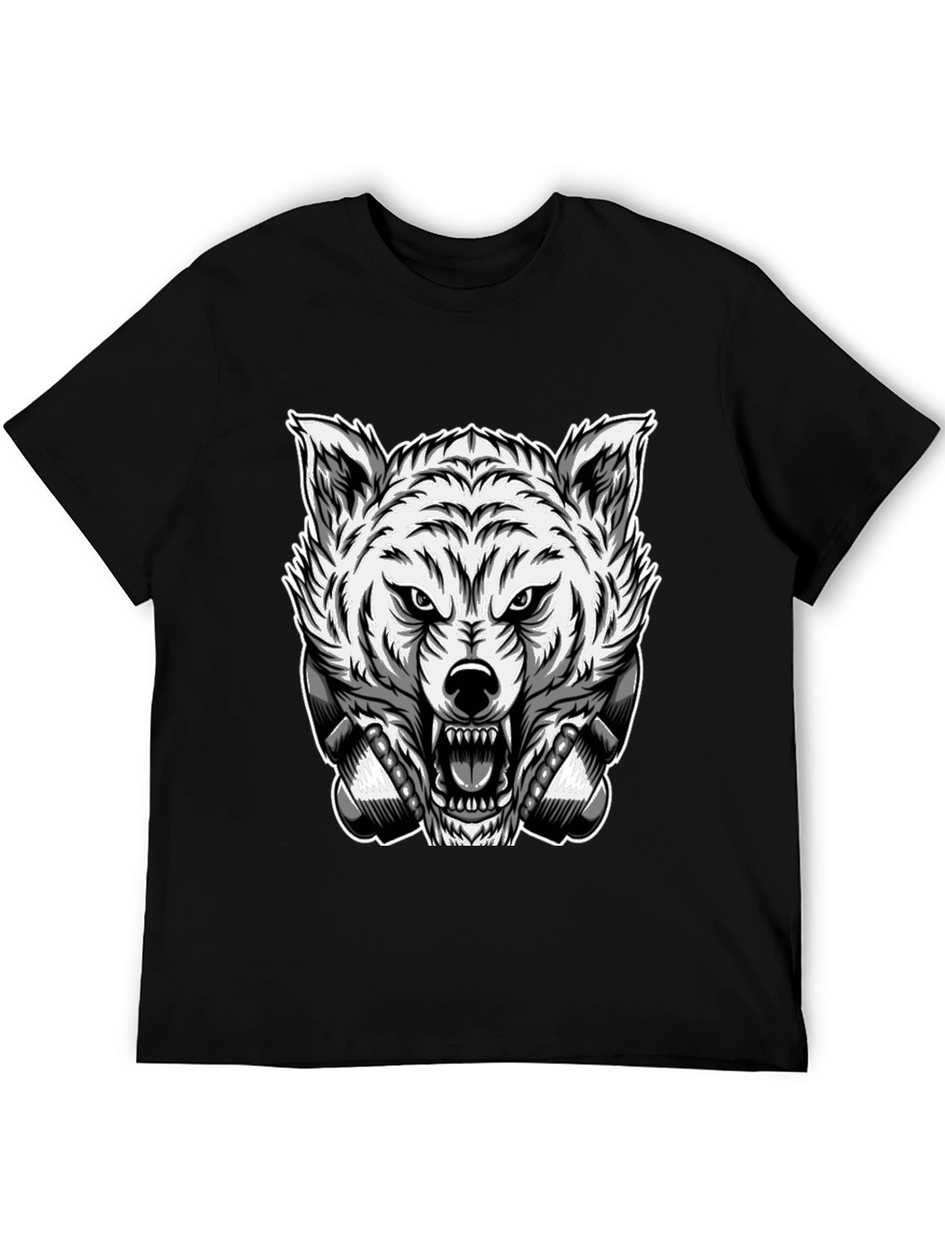 Mens Black T-Shirt with Wolf Graphic