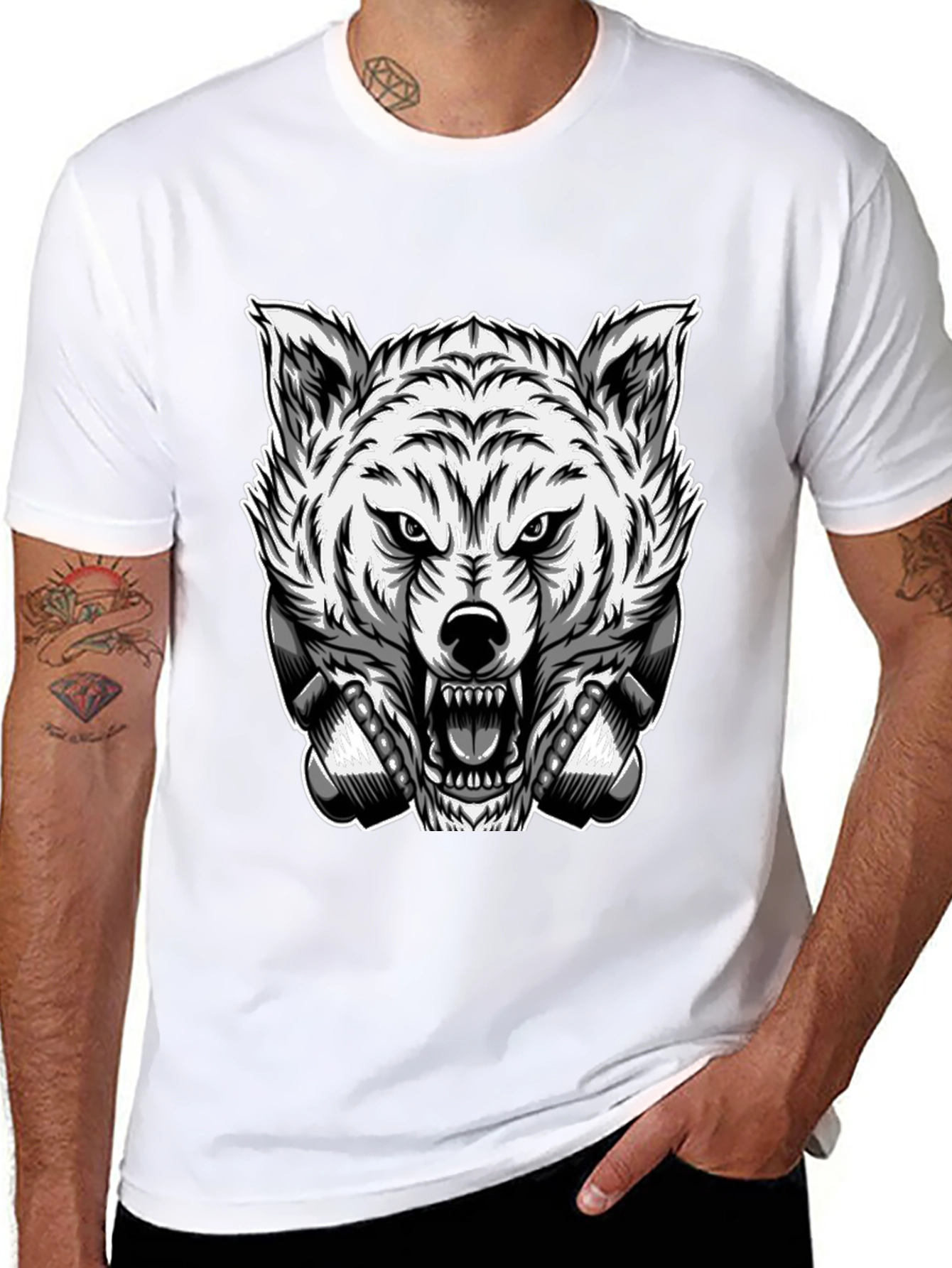 Mens Black T-Shirt with Wolf Graphic