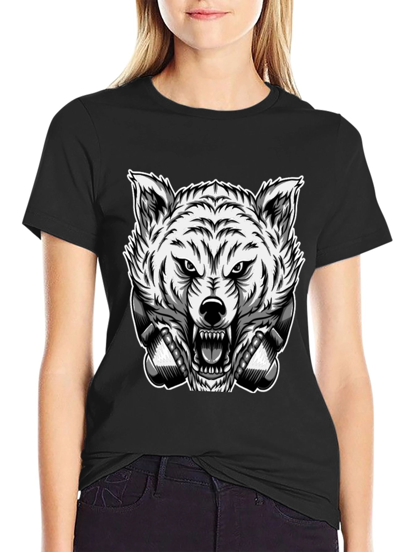 Mens Black T-Shirt with Wolf Graphic