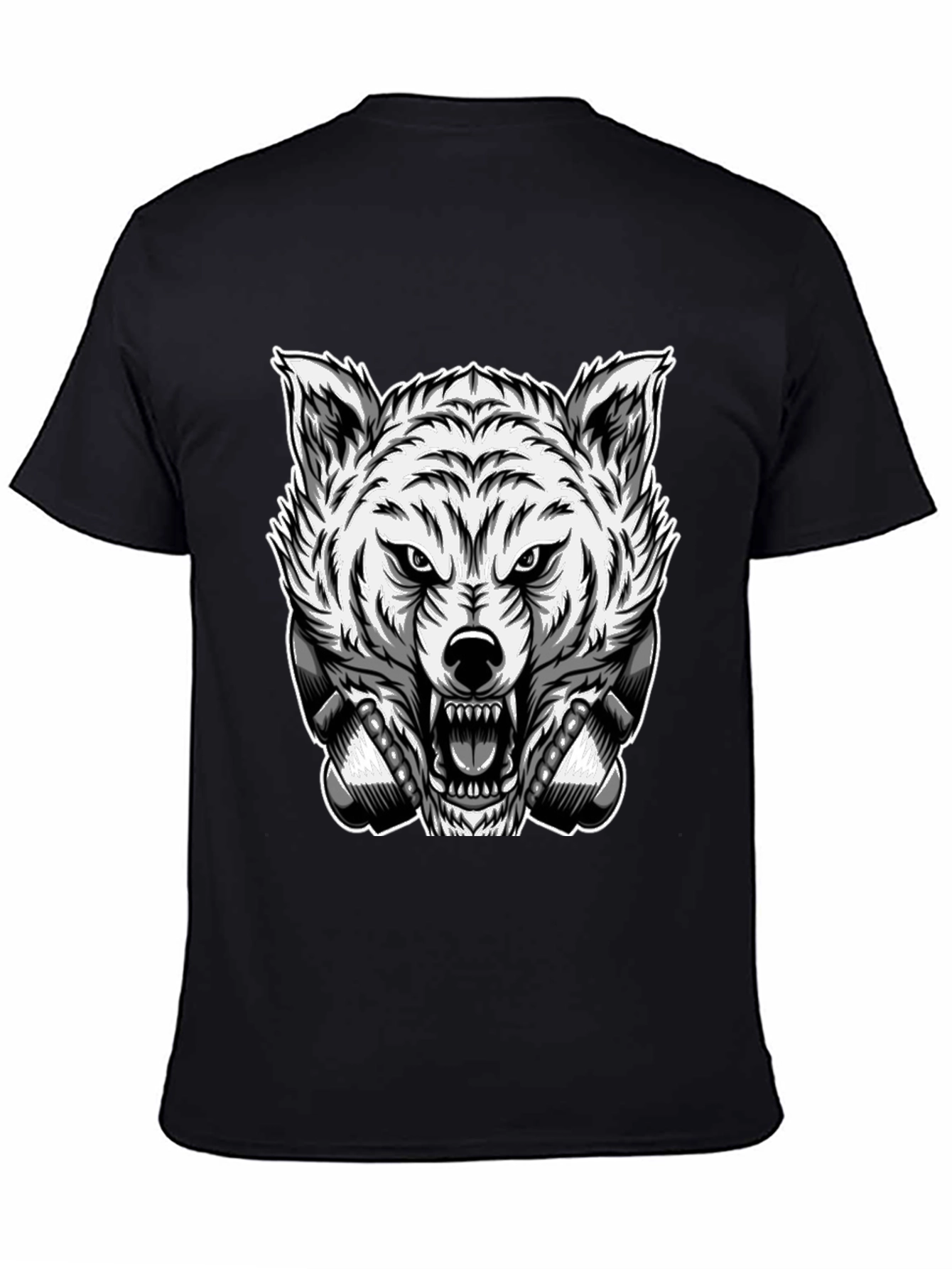 Mens Black T-Shirt with Wolf Graphic