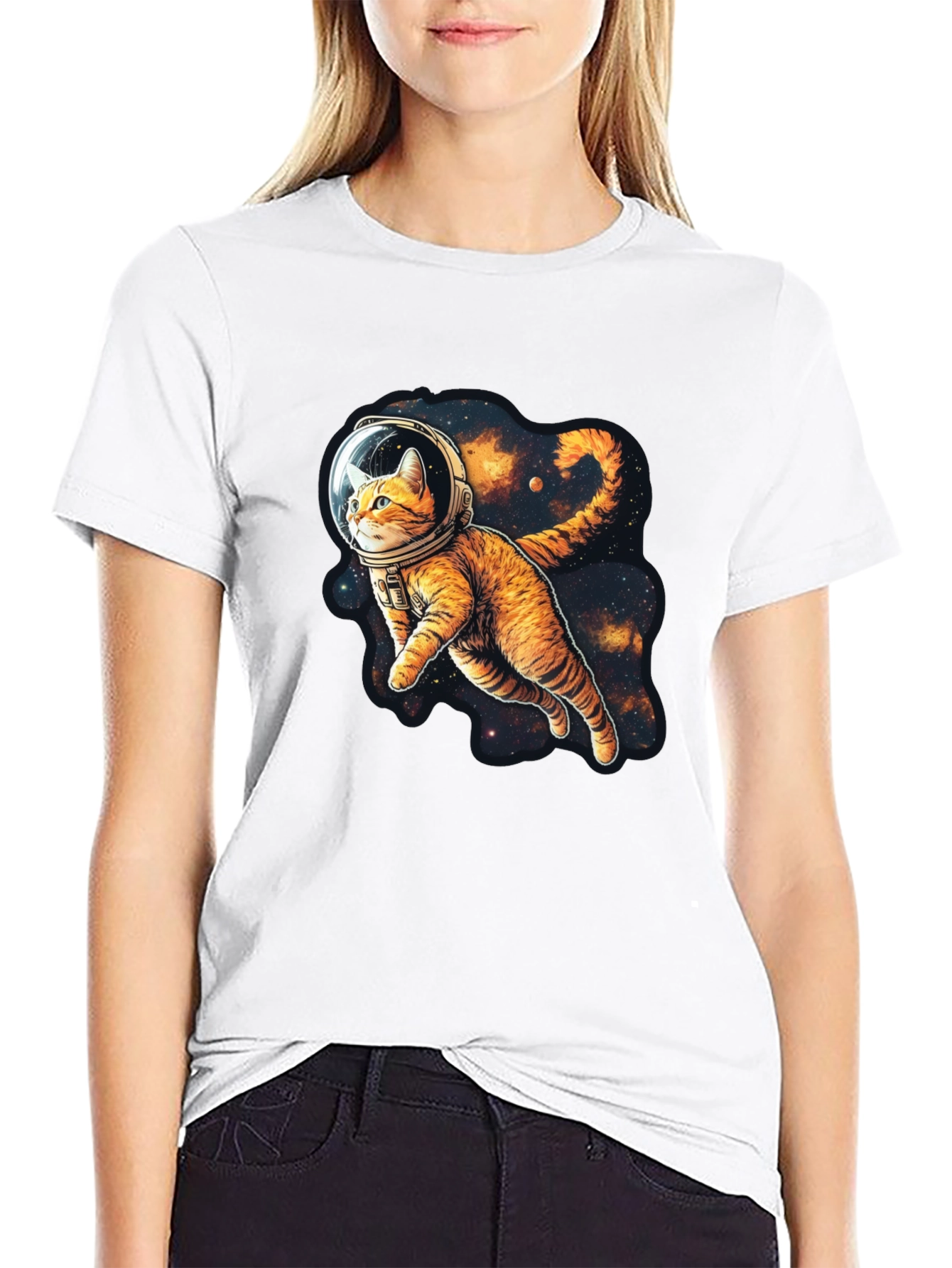 Cosmic Cat Black T-Shirt - Space Explorer