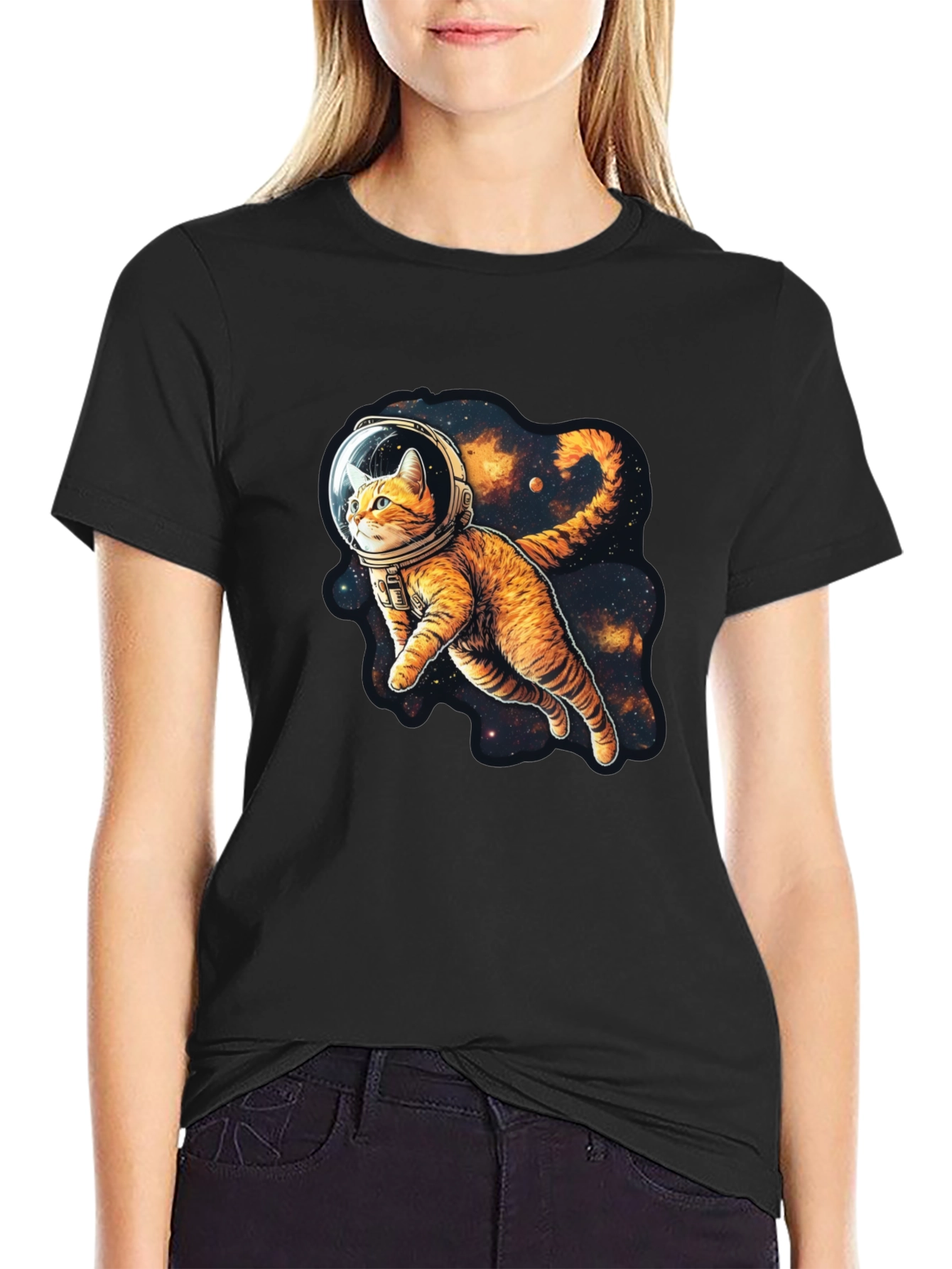 Cosmic Cat Black T-Shirt - Space Explorer