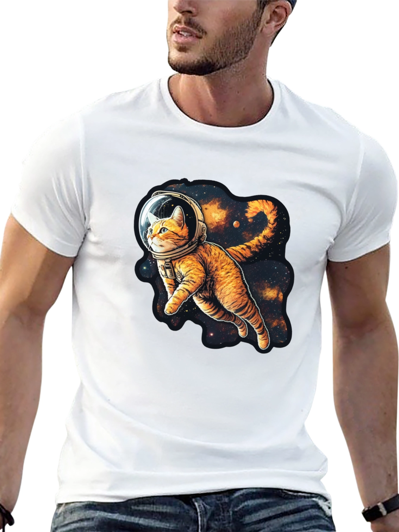 Cosmic Cat Black T-Shirt - Space Explorer