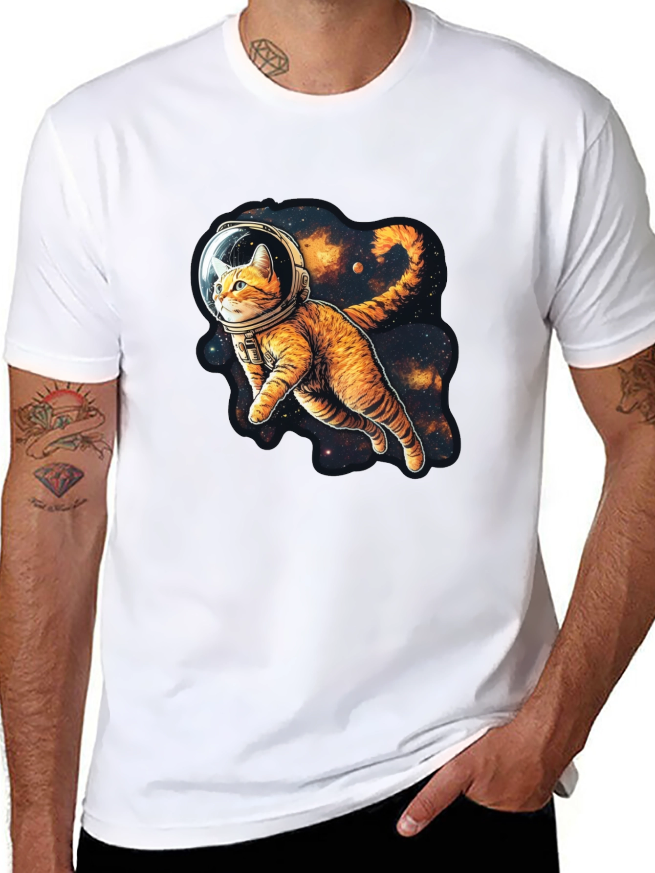 Cosmic Cat Black T-Shirt - Space Explorer