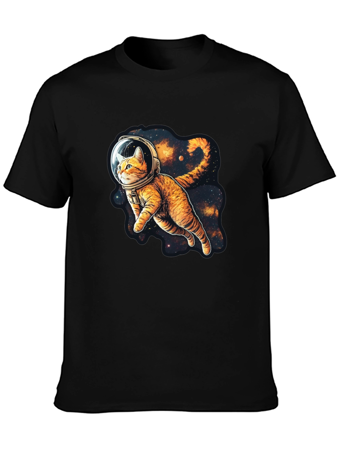 Cosmic Cat Black T-Shirt - Space Explorer
