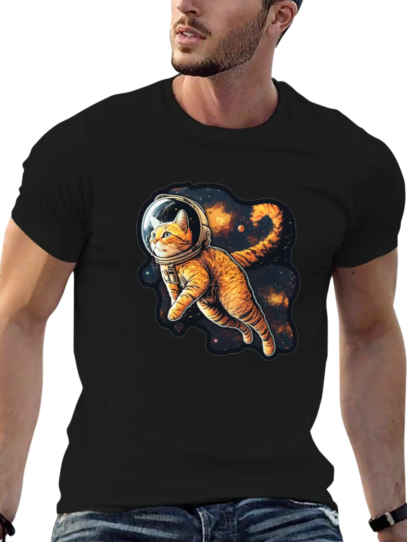 Cosmic Cat Black T-Shirt - Space Explorer