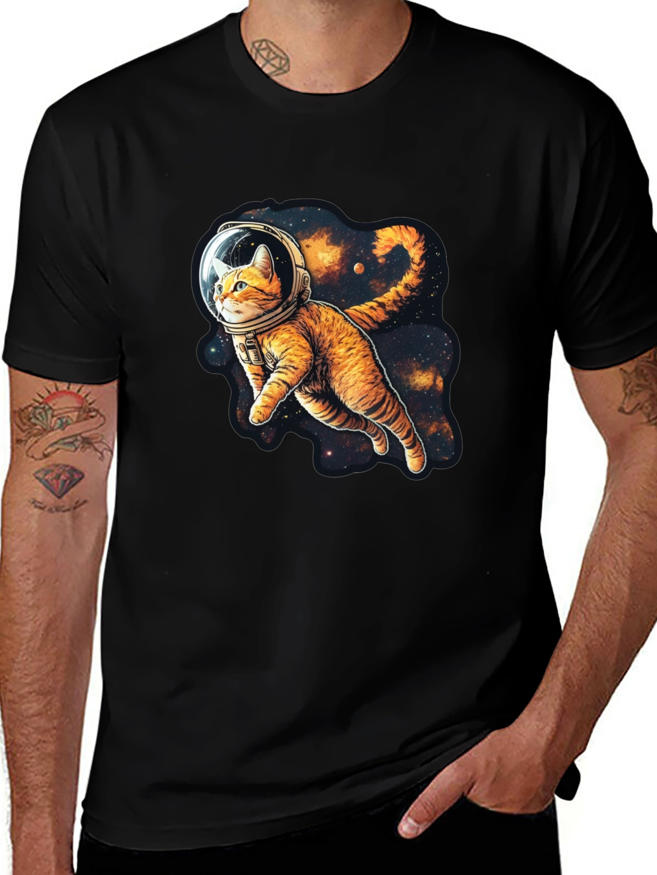Cosmic Cat Black T-Shirt - Space Explorer