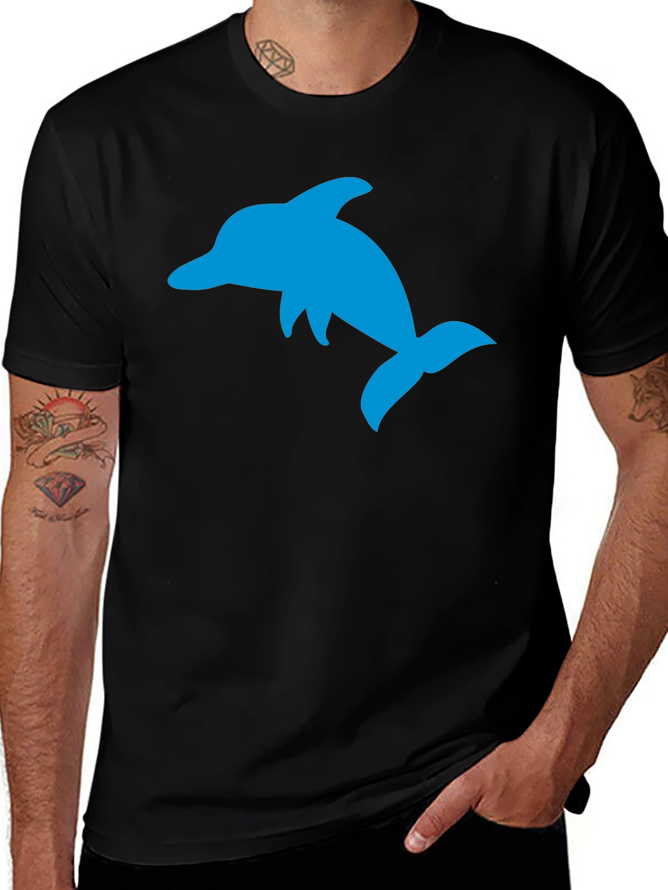 Black T-Shirt with Blue Dolphin Graphic