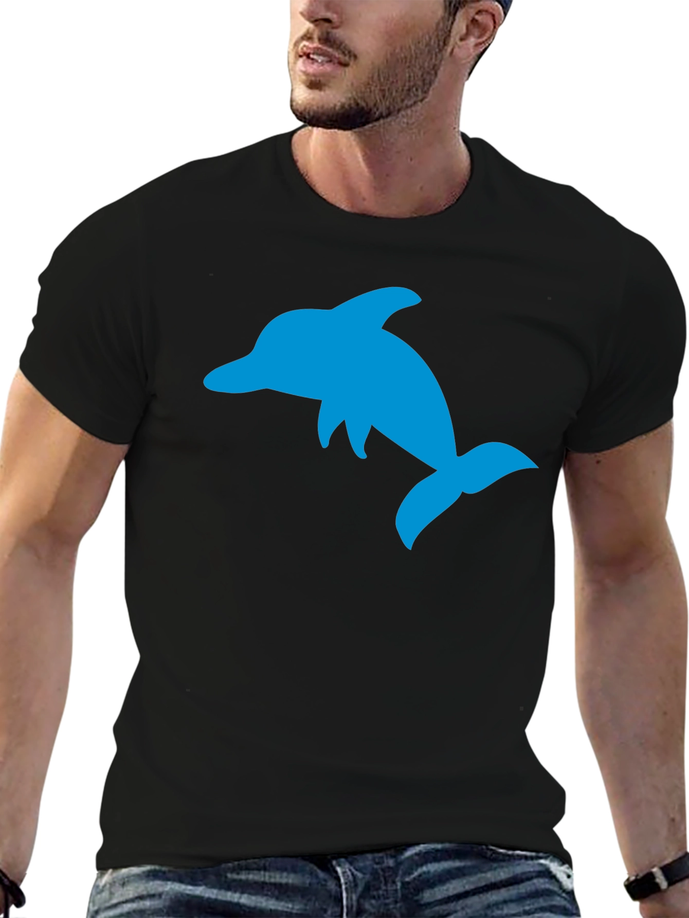 Black T-Shirt with Blue Dolphin Graphic