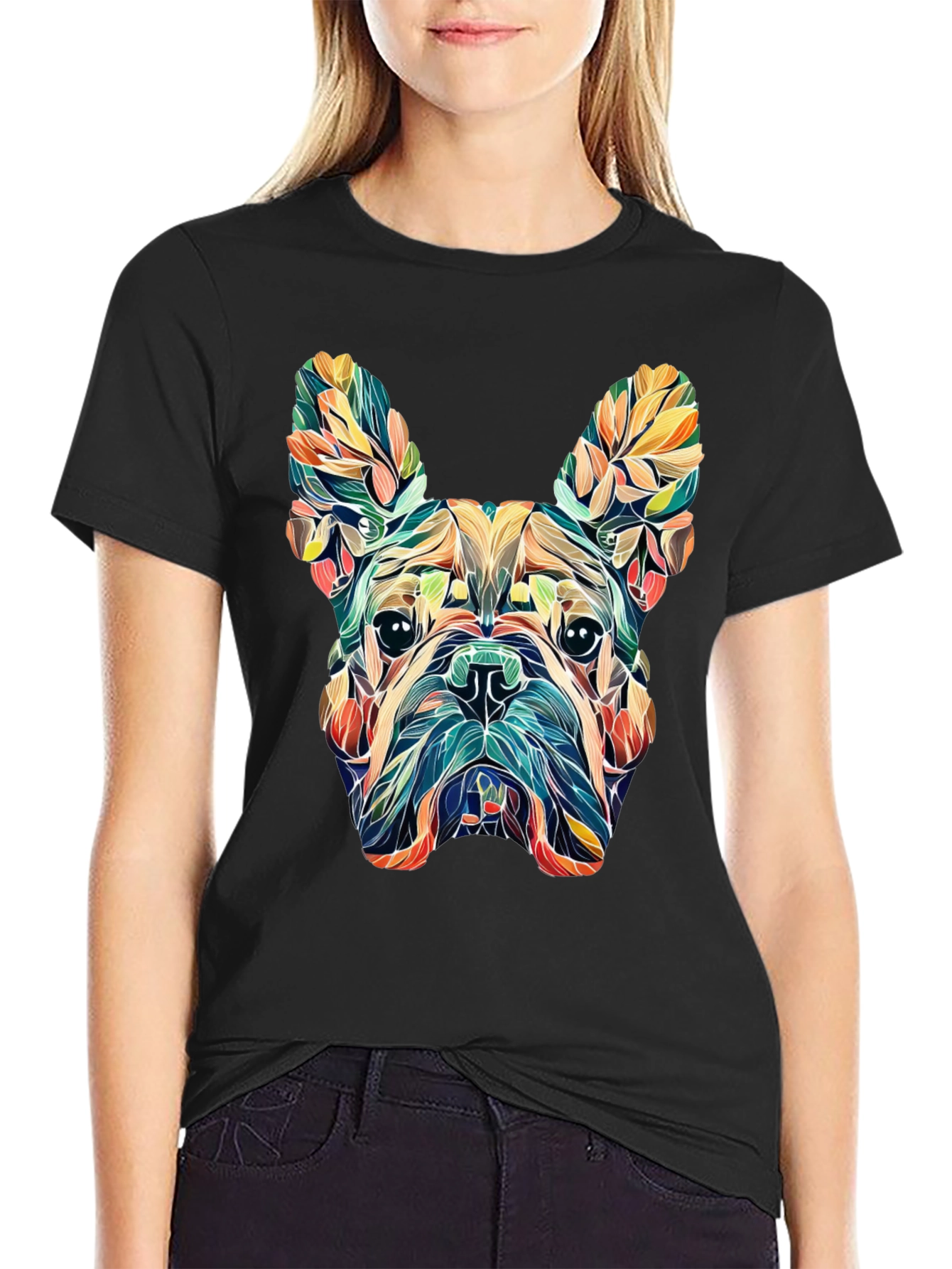 Floral French Bulldog Graphic Tee - Black