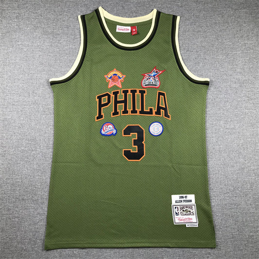 Men's Philadelphia 76ers Allen Iverson #3 Army Green 1996-97 Hardwood Classics Swingman Jerseys